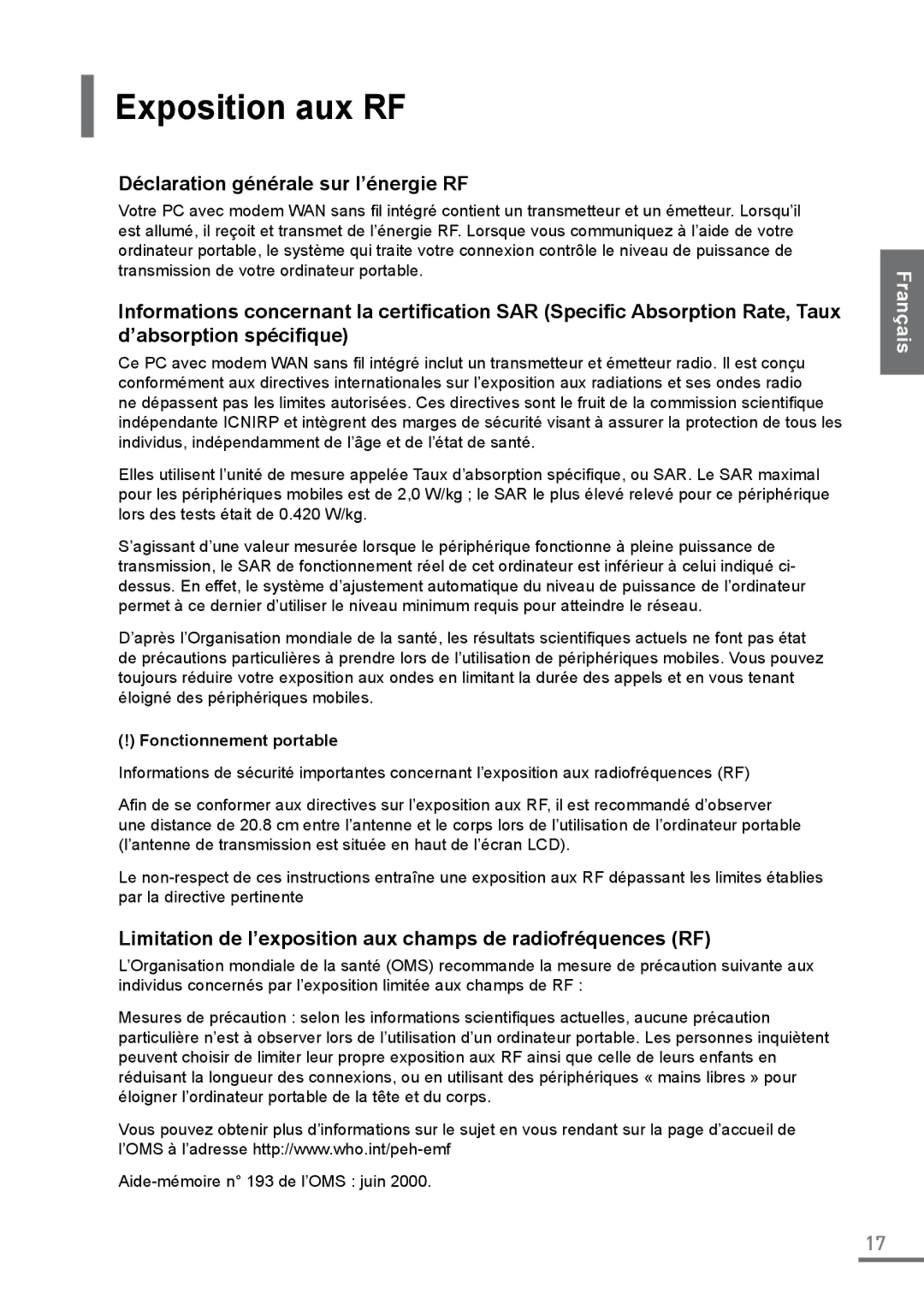 Samsung XE500C21-H01ES, XE500C21-H01DE Exposition aux RF, Déclaration générale sur l’énergie RF, Fonctionnement portable 