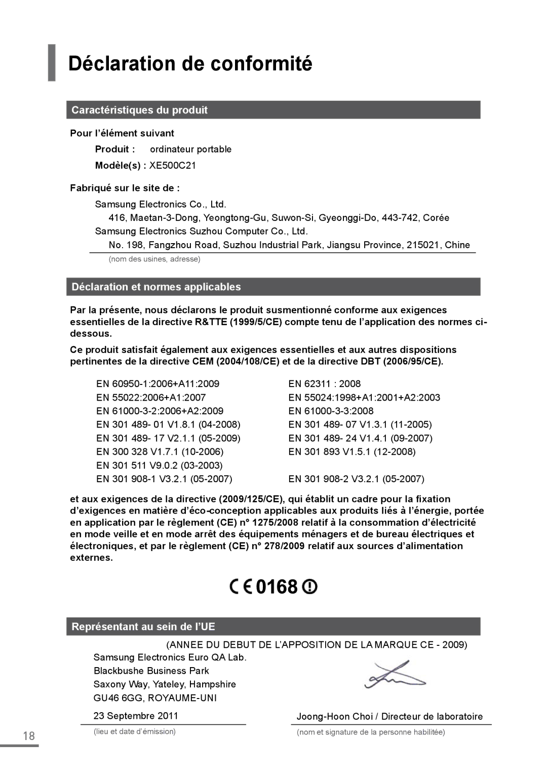 Samsung XE500C21-HZ2ES manual Déclaration de conformité, Caractéristiques du produit, Déclaration et normes applicables 