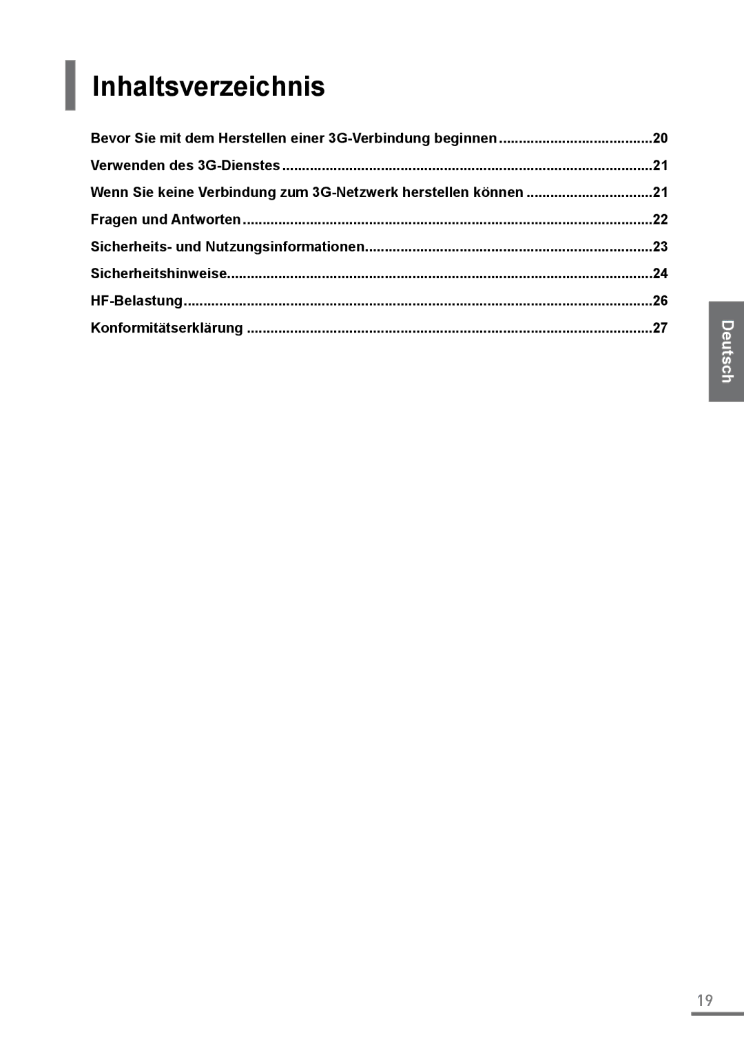 Samsung XE500C21-A01ES manual Inhaltsverzeichnis, Bevor Sie mit dem Herstellen einer 3G-Verbindung beginnen, HF-Belastung 