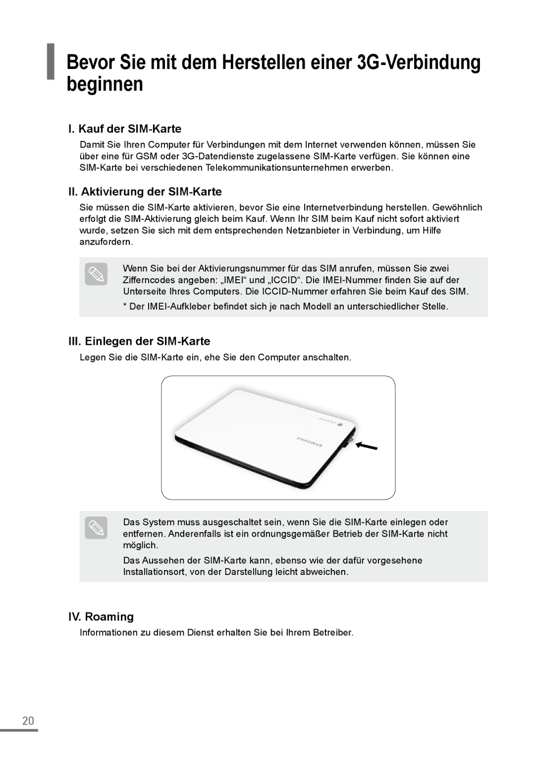 Samsung XE500C21-H01DE, XE500C21-A03DE manual Bevor Sie mit dem Herstellen einer 3G-Verbindung beginnen, Kauf der SIM-Karte 