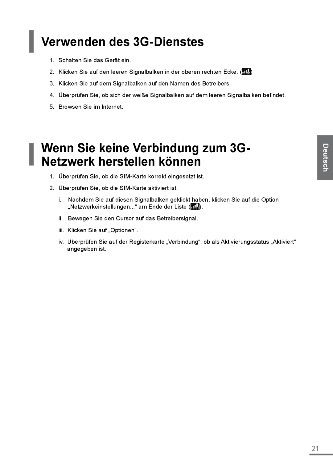 Samsung XE500C21-A03DE manual Verwenden des 3G-Dienstes, Wenn Sie keine Verbindung zum 3G- Netzwerk herstellen können 