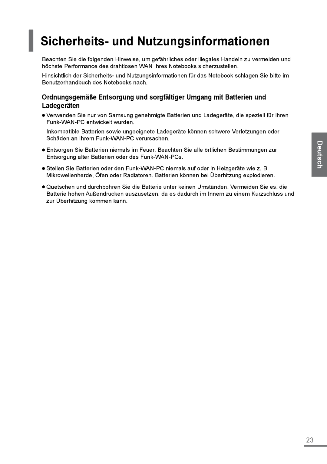 Samsung XE500C21-H02DE, XE500C21-H01DE, XE500C21-A03DE, XE500C21-HZ2DE, XE500C21-AZ2DE Sicherheits- und Nutzungsinformationen 