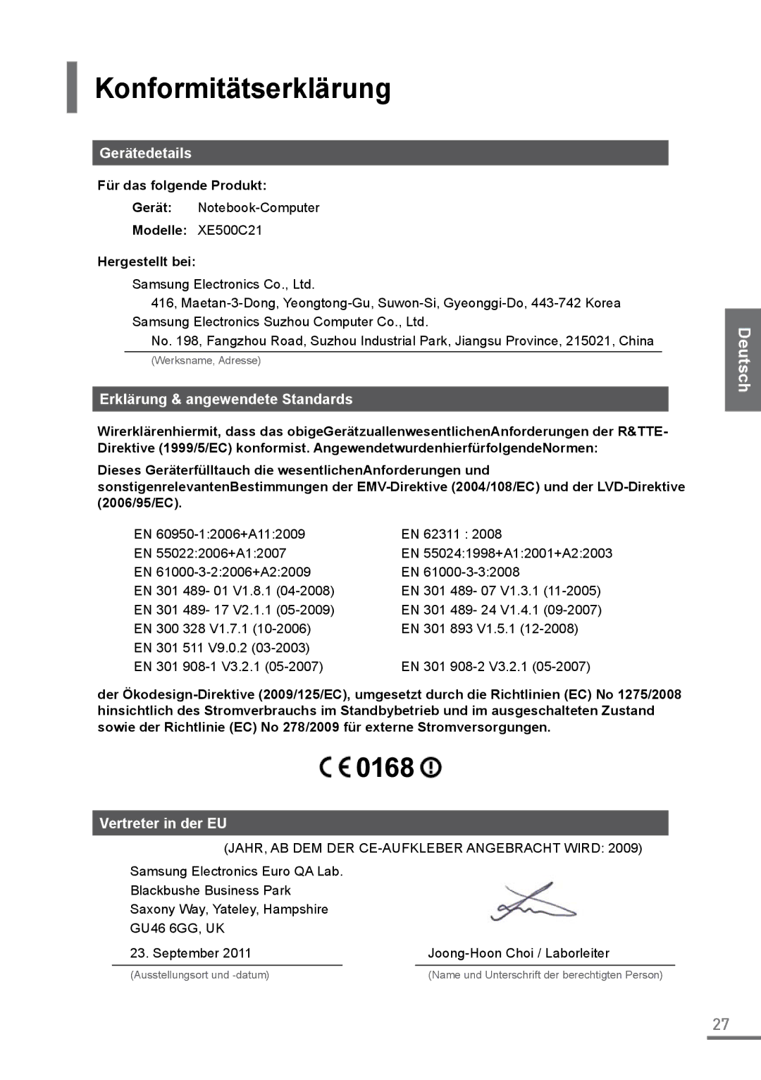 Samsung XE500C21-H01FR manual Konformitätserklärung, Gerätedetails, Erklärung & angewendete Standards, Vertreter in der EU 