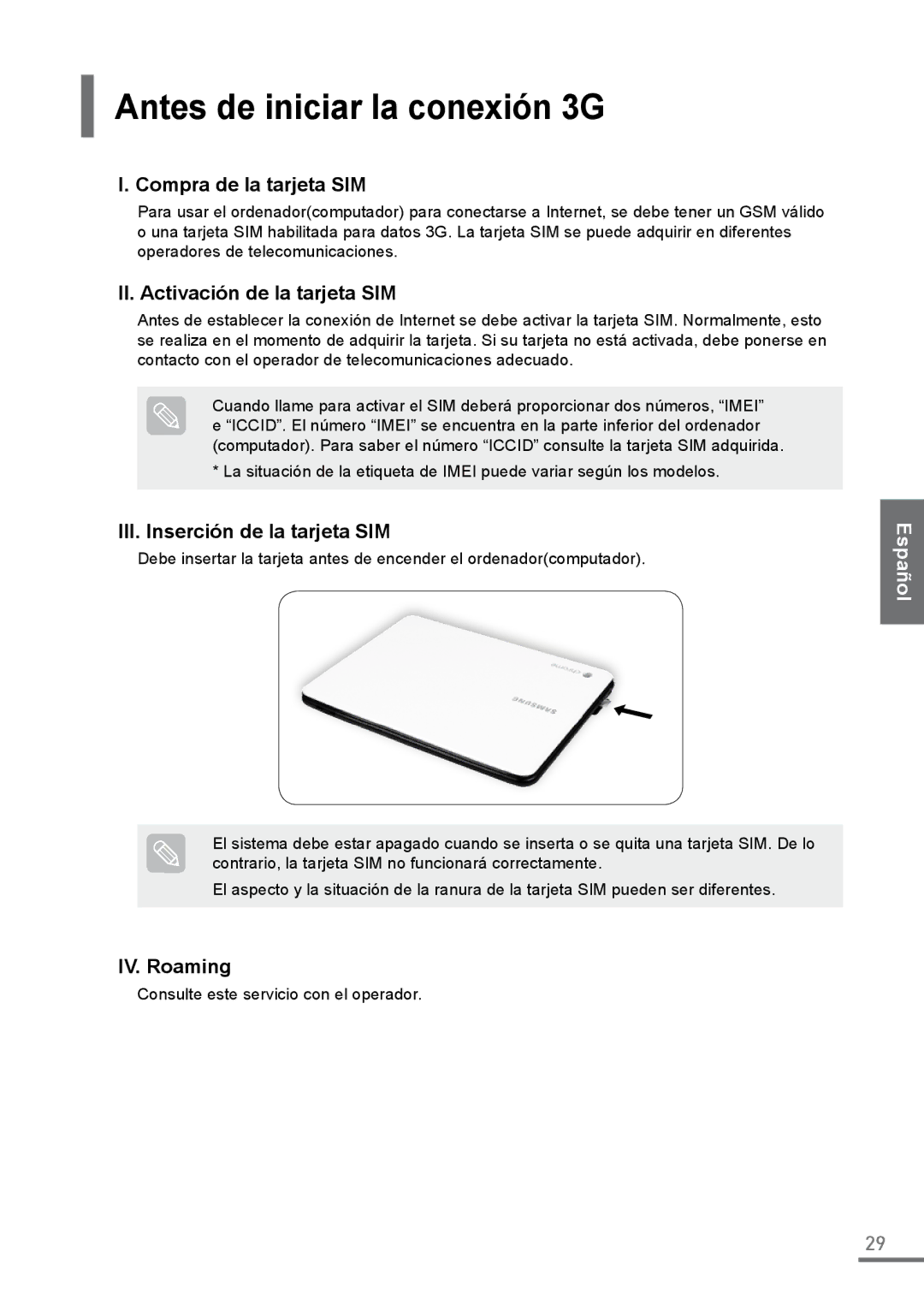 Samsung XE500C21-HZ2FR manual Antes de iniciar la conexión 3G, Compra de la tarjeta SIM, II. Activación de la tarjeta SIM 