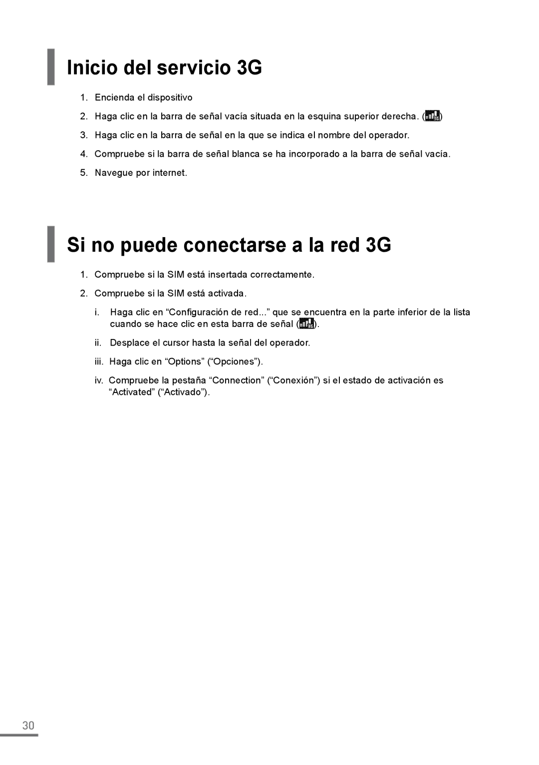 Samsung XE500C21-A01IT, XE500C21-H01DE, XE500C21-A03DE manual Inicio del servicio 3G, Si no puede conectarse a la red 3G 