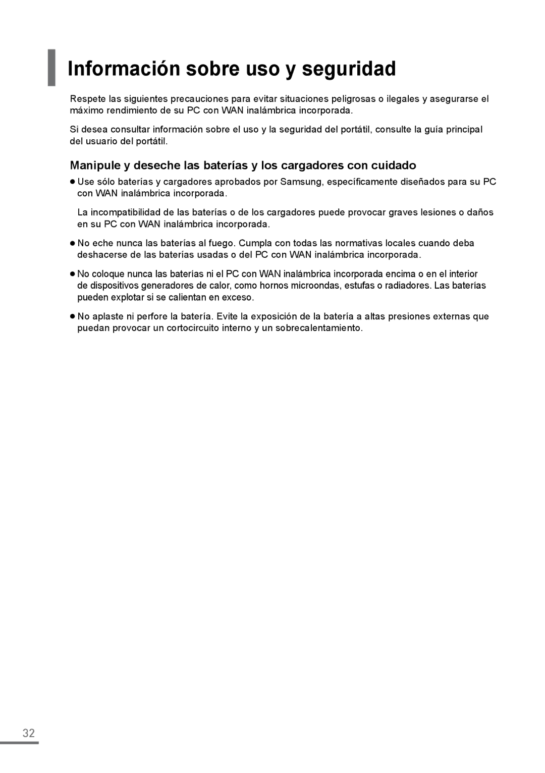 Samsung XE500C21-AZ2IT Información sobre uso y seguridad, Manipule y deseche las baterías y los cargadores con cuidado 