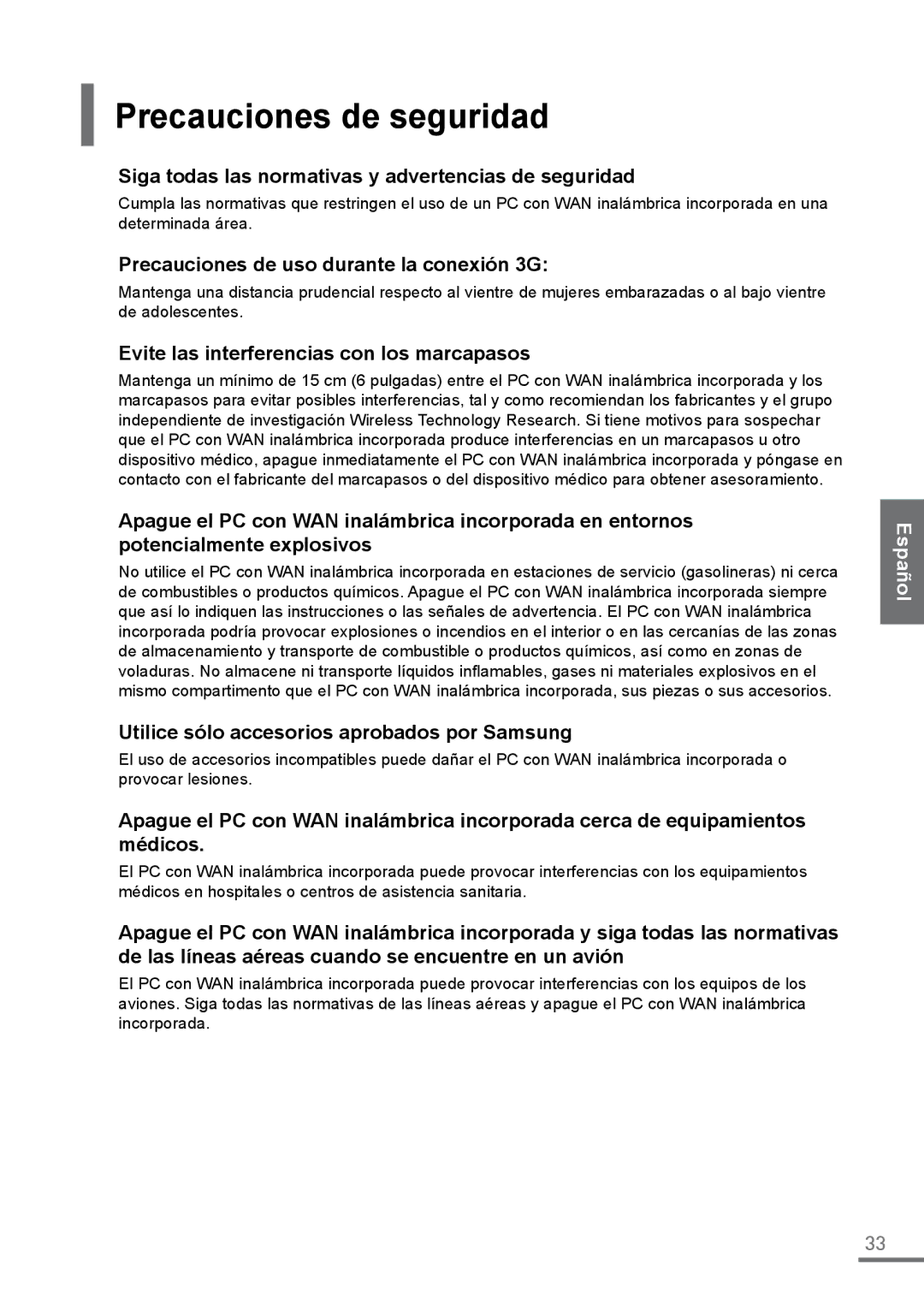 Samsung XE500C21-H01IT, XE500C21-H01DE Precauciones de seguridad, Siga todas las normativas y advertencias de seguridad 