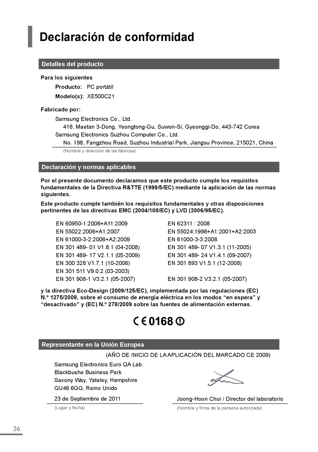 Samsung XE500C21-A03ES, XE500C21-H01DE Declaración de conformidad, Detalles del producto, Declaración y normas aplicables 