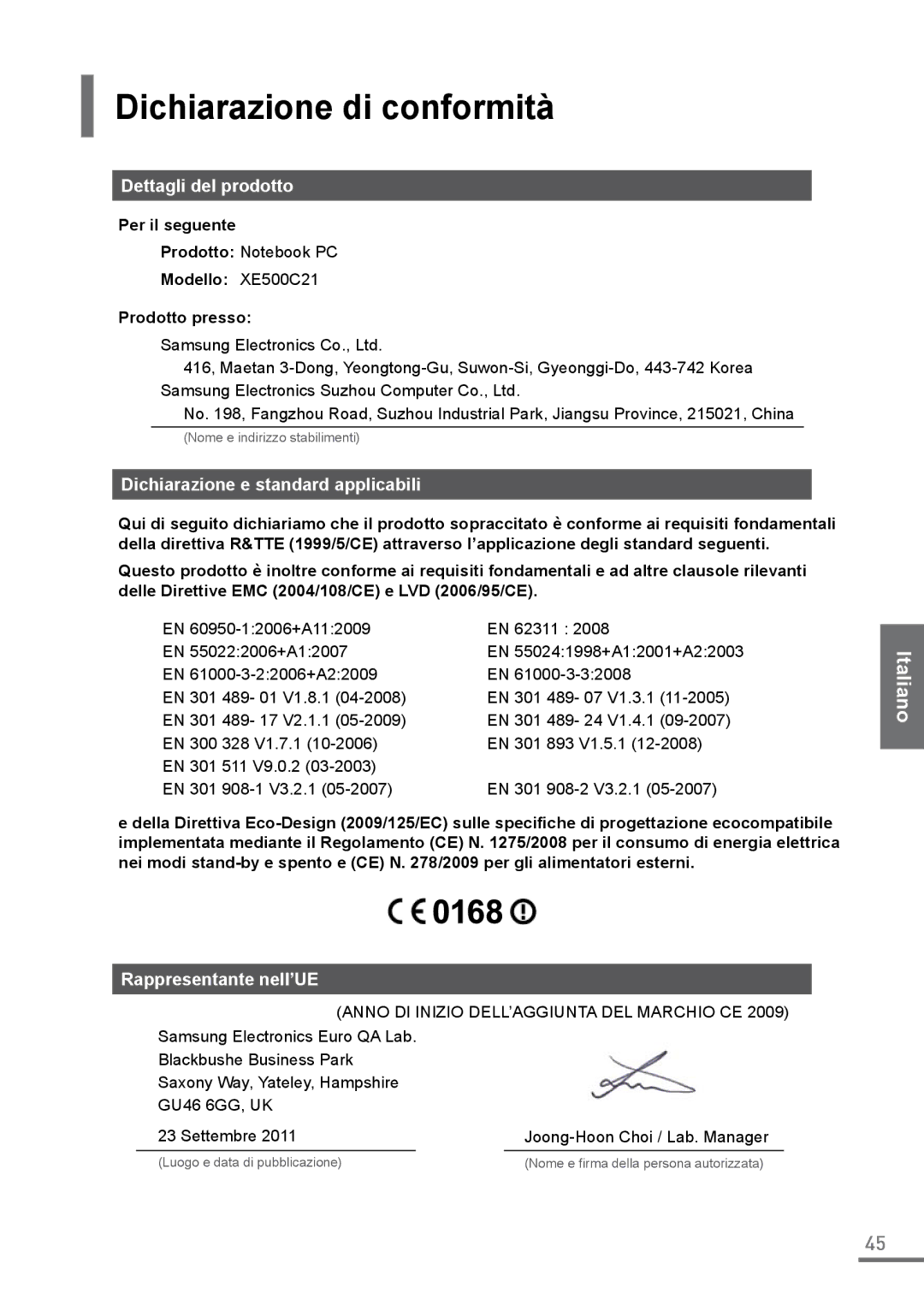 Samsung XE500C21-A01FR manual Dichiarazione di conformità, Dettagli del prodotto, Dichiarazione e standard applicabili 