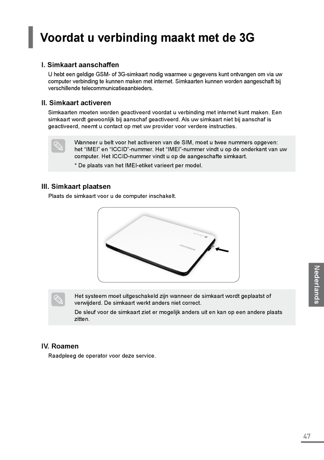 Samsung XE500C21-H01FR Voordat u verbinding maakt met de 3G, Simkaart aanschaffen, II. Simkaart activeren, IV. Roamen 