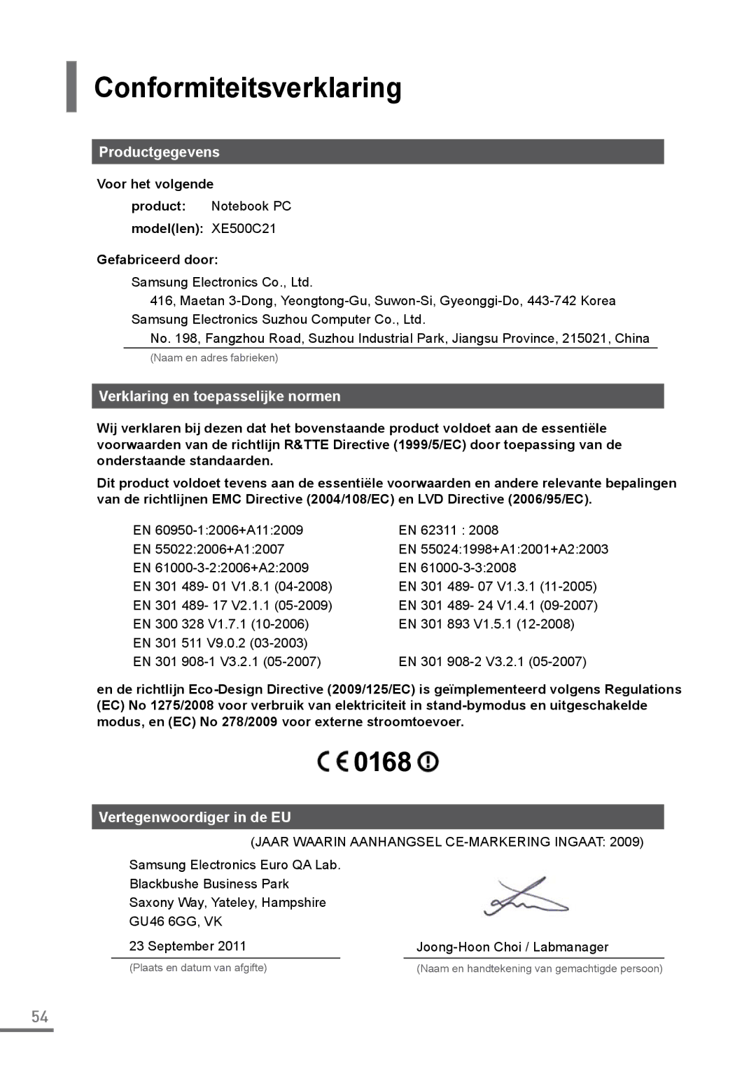 Samsung XE500C21-AZ2ES, XE500C21-H01DE manual Conformiteitsverklaring, Productgegevens, Verklaring en toepasselijke normen 