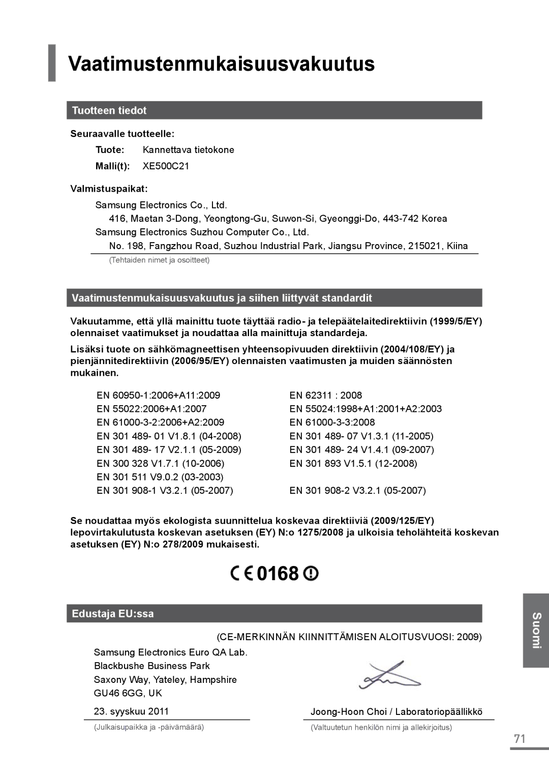 Samsung XE500C21-HZ2IT, XE500C21-H01DE, XE500C21-A03DE, XE500C21-HZ2DE manual Syyskuu Joong-Hoon Choi / Laboratoriopäällikkö 