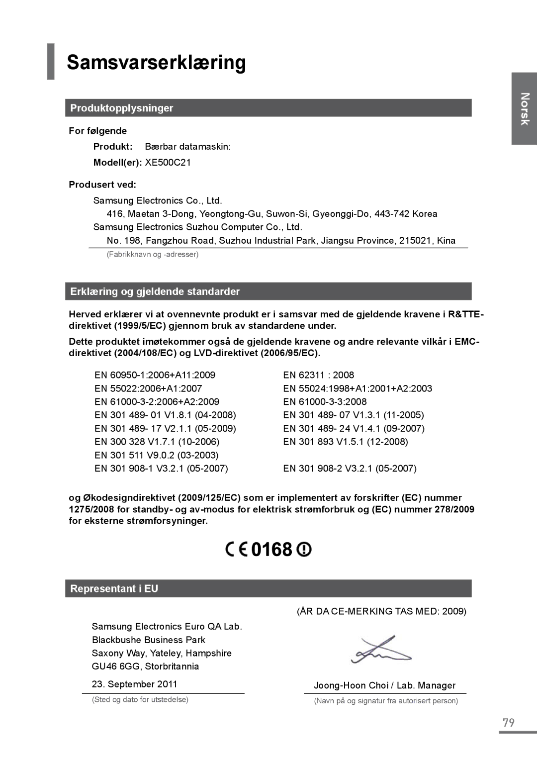 Samsung XE500C21-A01ES manual Samsvarserklæring, Produktopplysninger, Erklæring og gjeldende standarder, Representant i EU 