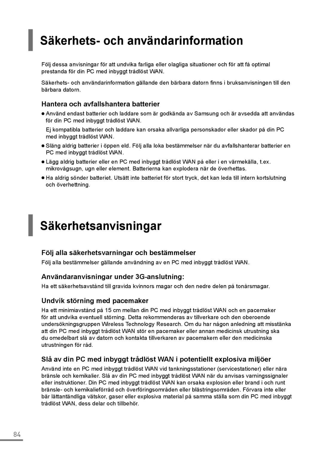 Samsung XE500C21-AZ2DE, XE500C21-H01DE, XE500C21-A03DE manual Säkerhets- och användarinformation, Säkerhetsanvisningar 