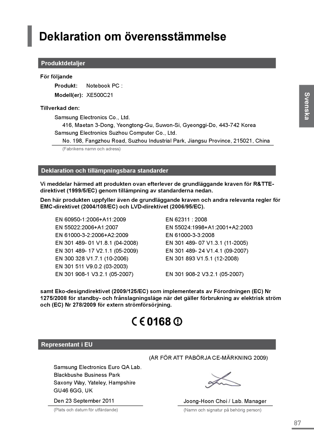 Samsung XE500C21-H01FR manual Deklaration om överensstämmelse, Produktdetaljer, Deklaration och tillämpningsbara standarder 