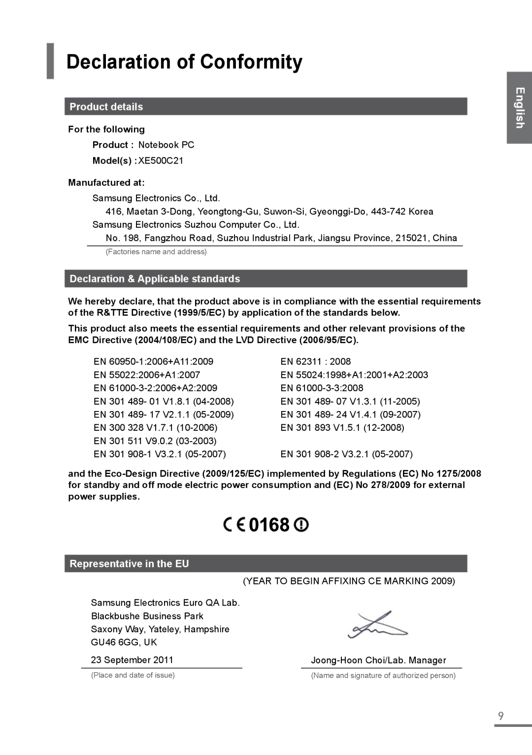 Samsung XE500C21-HZ2FR, XE500C21-H01DE manual Declaration of Conformity, Product details, Declaration & Applicable standards 