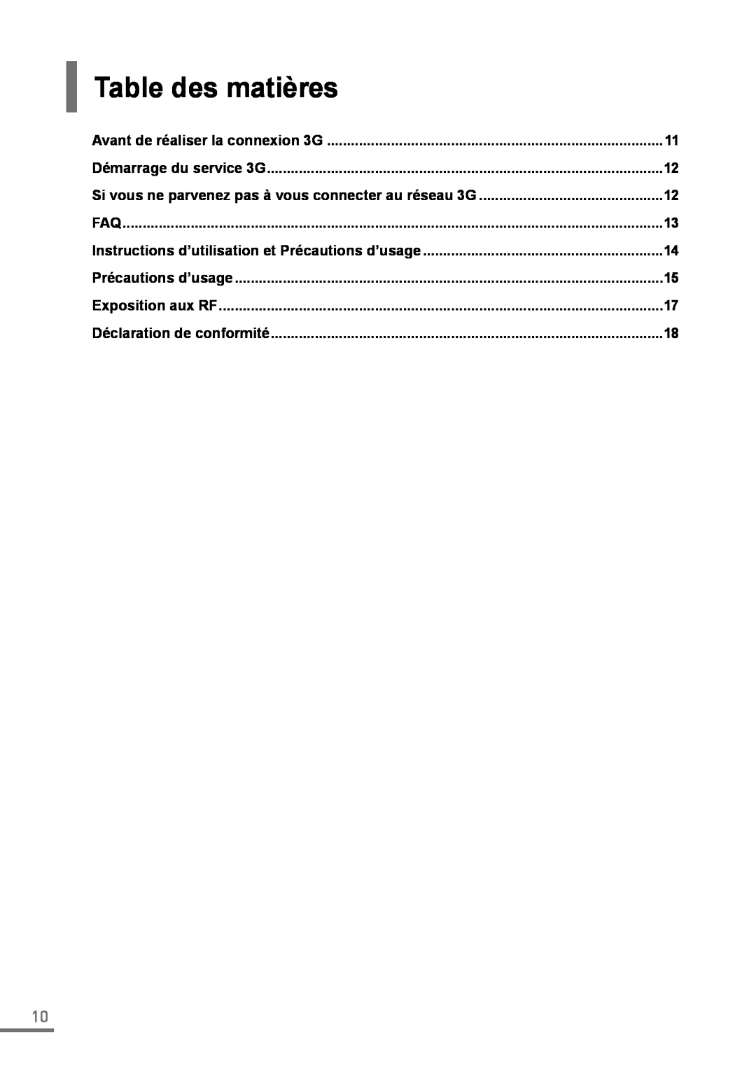 Samsung XE500C21-A01IT manual Table des matières, Français, Guide de, Avant de réaliser la connexion 3G, Exposition aux RF 
