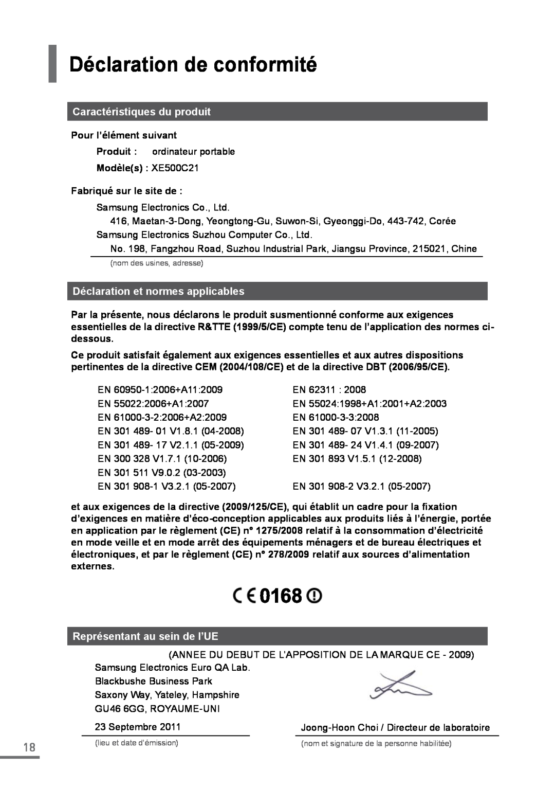 Samsung XE500C21-HZ2ES manual Déclaration de conformité, Caractéristiques du produit, Déclaration et normes applicables 