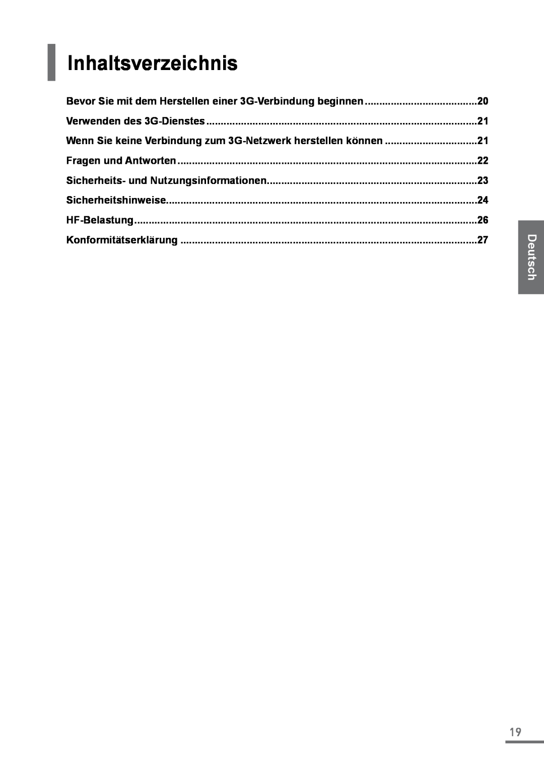 Samsung XE500C21-A01ES Inhaltsverzeichnis, Deutsch, Handbuch, Bevor Sie mit dem Herstellen einer 3G-Verbindung beginnen 