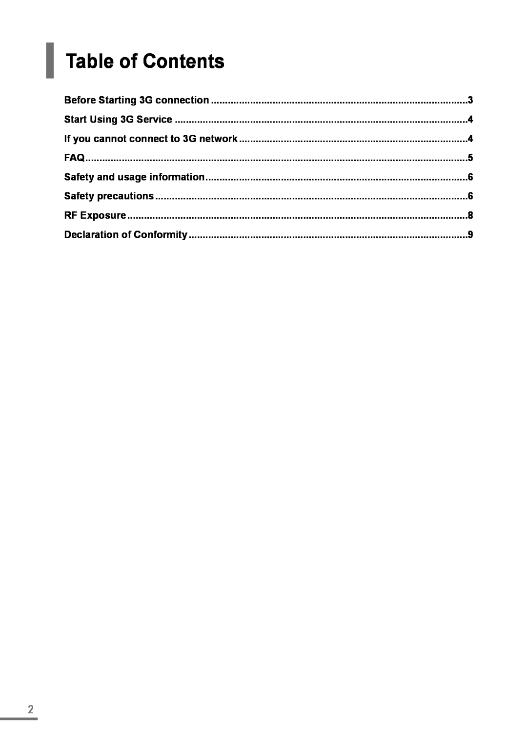 Samsung XE500C21-HZ2DE Table of Contents, English, 3G Connection Guide, Before Starting 3G connection, Safety precautions 
