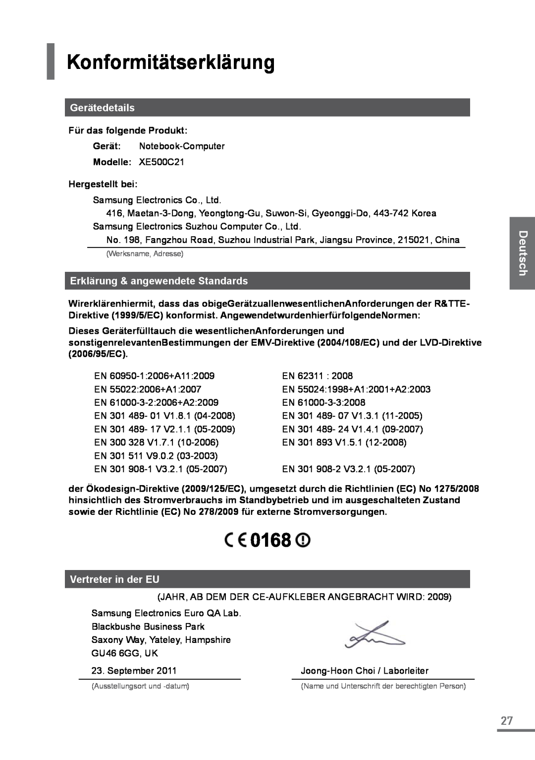 Samsung XE500C21-H01FR manual Konformitätserklärung, Gerätedetails, Erklärung & angewendete Standards, Vertreter in der EU 