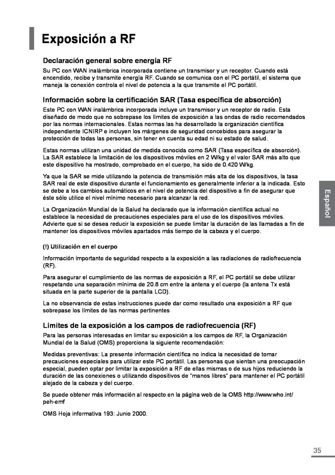Samsung XE500C21-H02ES manual Exposición a RF, Declaración general sobre energía RF, Utilización en el cuerpo, Español 