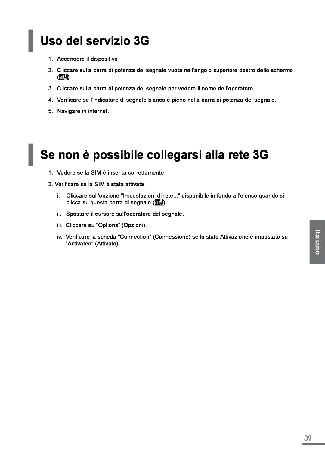 Samsung XE500C21-A01ES, XE500C21-H01DE manual Uso del servizio 3G, Se non è possibile collegarsi alla rete 3G, Italiano 
