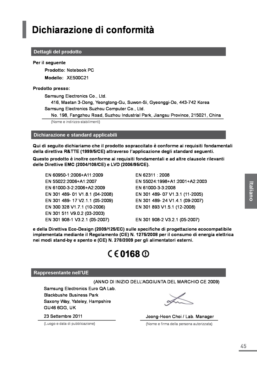 Samsung XE500C21-A01FR Dichiarazione di conformità, Dettagli del prodotto, Dichiarazione e standard applicabili, Italiano 