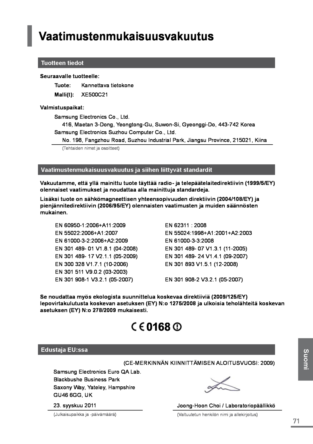 Samsung XE500C21-HZ2IT manual syyskuu, Joong-Hoon Choi / Laboratoriopäällikkö, Vaatimustenmukaisuusvakuutus, Suomi 