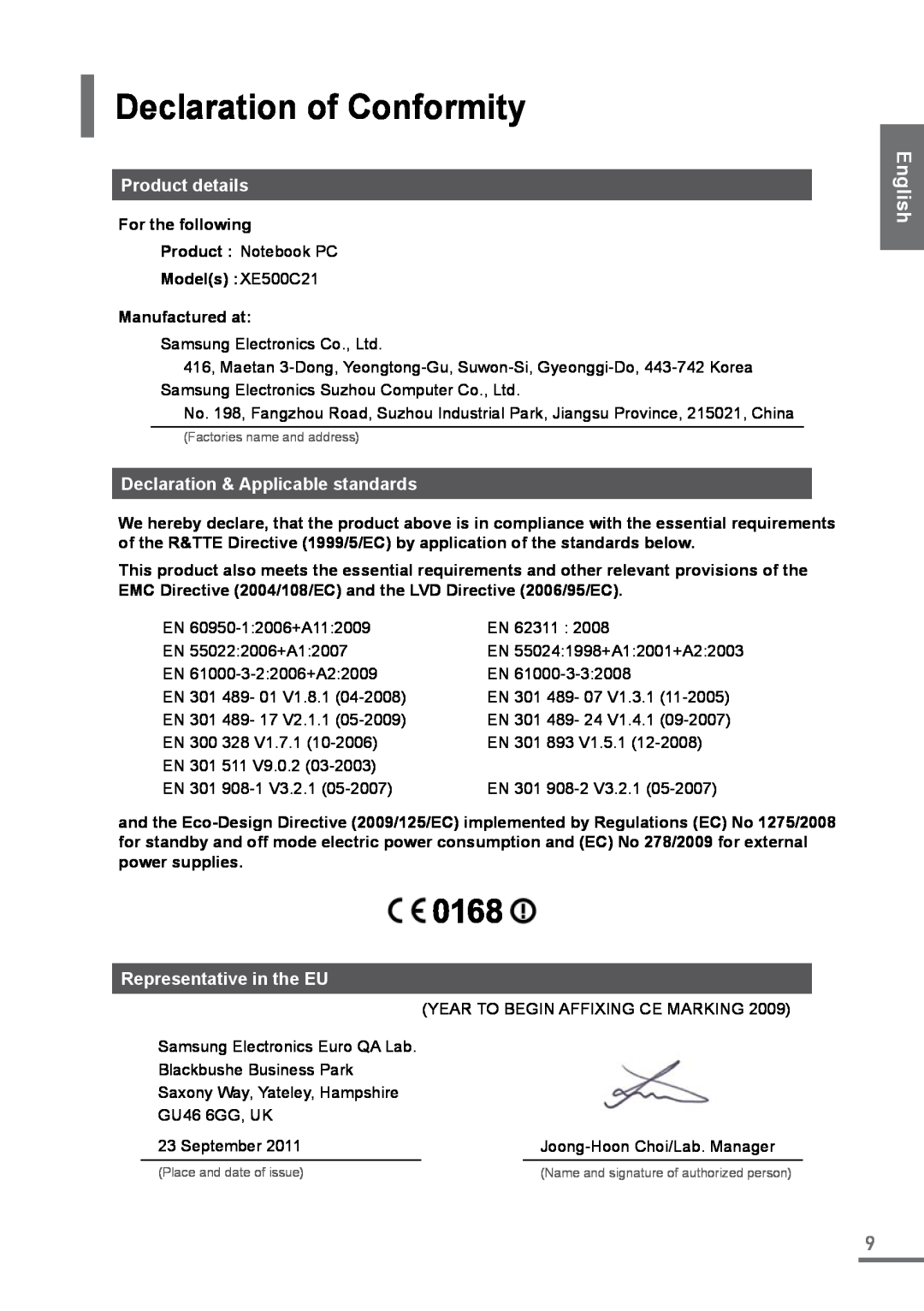 Samsung XE500C21-HZ2FR Declaration of Conformity, Product details, Declaration & Applicable standards, For the following 