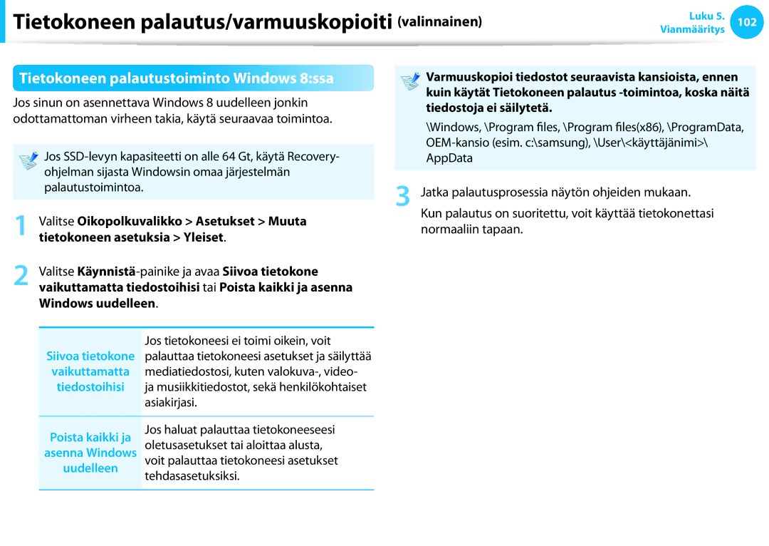 Samsung XE500T1C-H01SE Tietokoneen palautustoiminto Windows 8ssa, Tiedostoja ei säilytetä, Poista kaikki ja, Uudelleen 