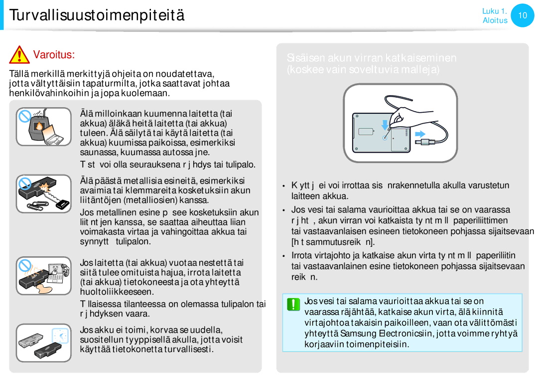 Samsung NP900X4D-K03SE, XE500T1C-A01AE, NP530U3C-A0DSE, NP530U3C-A0HSE manual Tästä voi olla seurauksena räjähdys tai tulipalo 