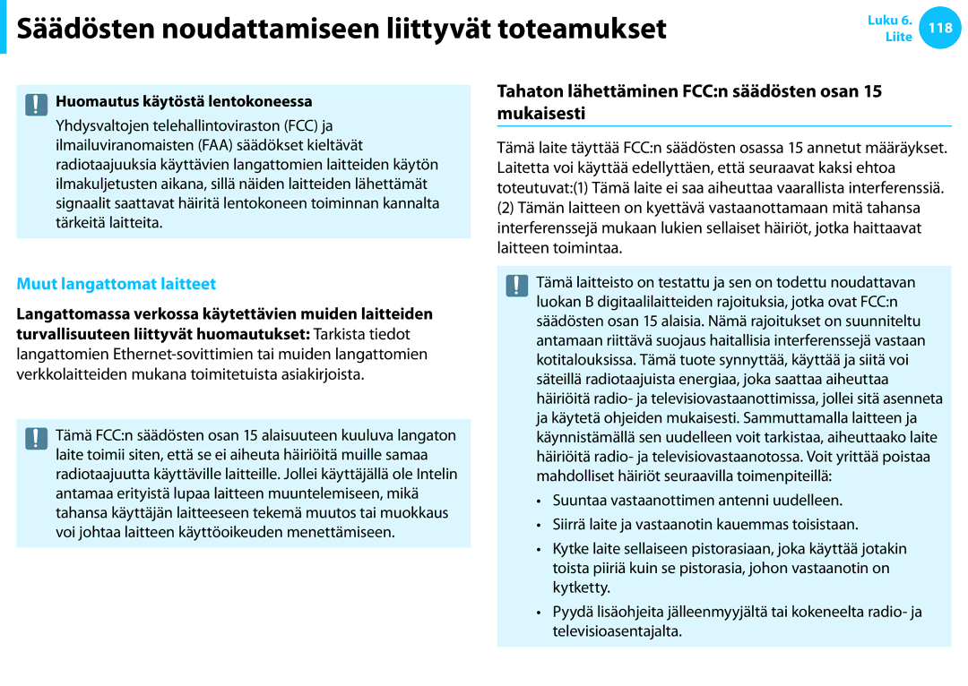 Samsung NP700Z3A-B01SE manual Tahaton lähettäminen FCCn säädösten osan 15 mukaisesti, Huomautus käytöstä lentokoneessa 