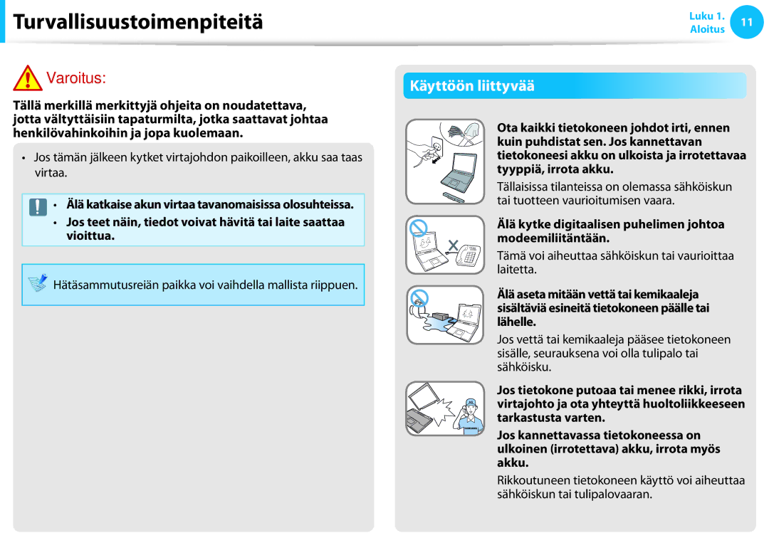 Samsung XE500T1C-H01SE, XE500T1C-A01AE manual Käyttöön liittyvää, Hätäsammutusreiän paikka voi vaihdella mallista riippuen 