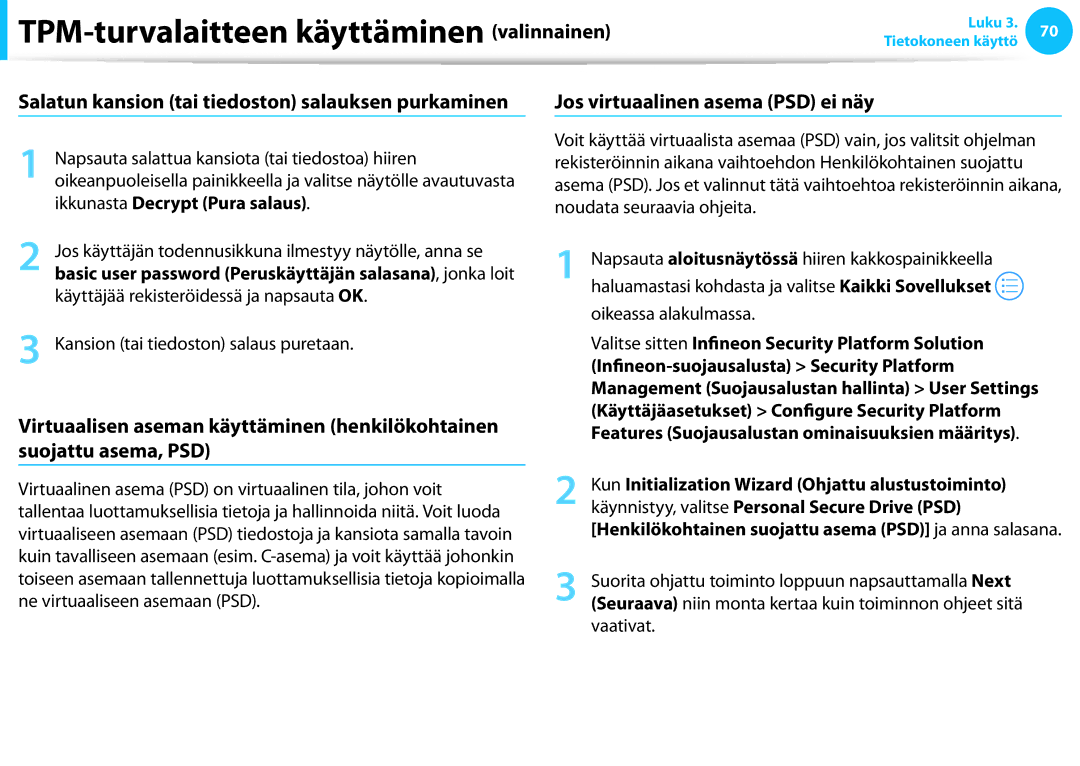 Samsung NP700Z3A-S02SE manual Jos virtuaalinen asema PSD ei näy, Kun Initialization Wizard Ohjattu alustustoiminto 