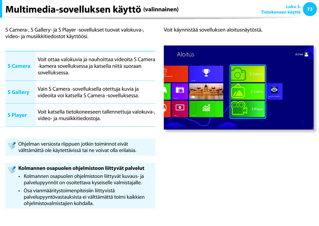 Samsung XE700T1C-K02SE, XE500T1C-A01AE, NP530U3C-A0DSE manual Multimedia-sovelluksen käyttö valinnainen, Gallery, Player 