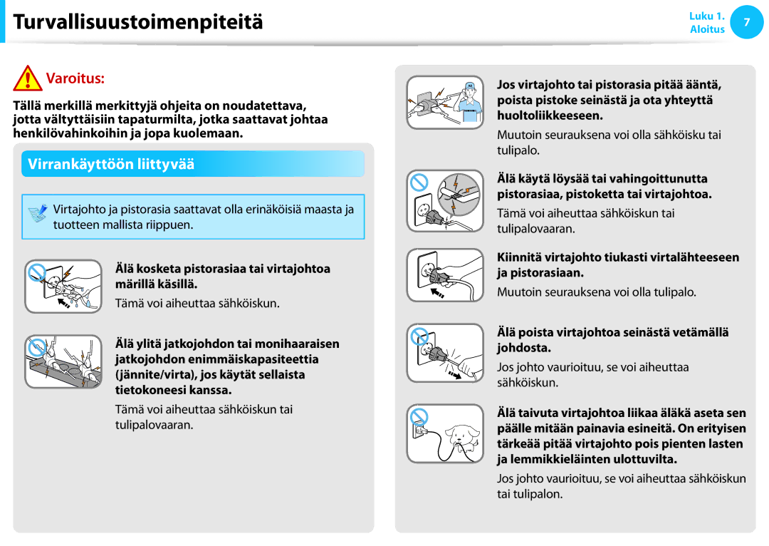 Samsung NP355E7C-S03SE, XE500T1C-A01AE Virrankäyttöön liittyvää, Älä kosketa pistorasiaa tai virtajohtoa märillä käsillä 