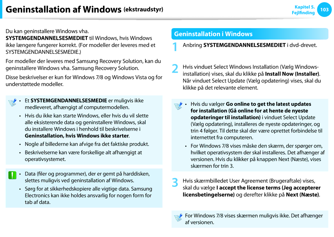 Samsung NP900X4C-K01SE, XE500T1C-A01AE manual Geninstallation i Windows, Anbring Systemgendannelsesmediet i dvd-drevet 