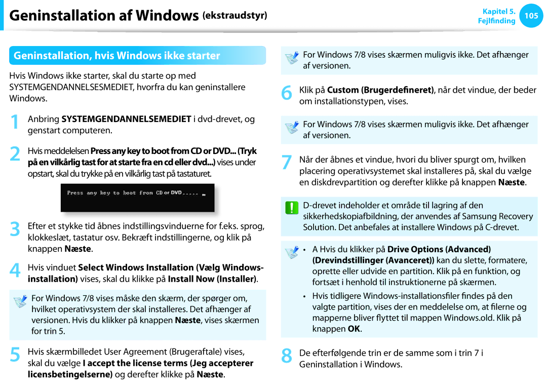 Samsung NP770Z5E-S02SE, XE500T1C-A01AE manual Geninstallation, hvis Windows ikke starter, Geninstallation i Windows 