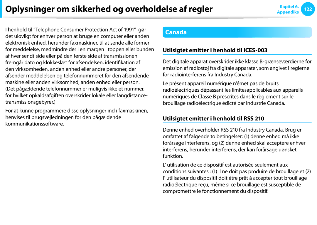 Samsung NP900X4C-A06SE manual Canada, Utilsigtet emitter i henhold til ICES-003, Utilsigtet emitter i henhold til RSS 