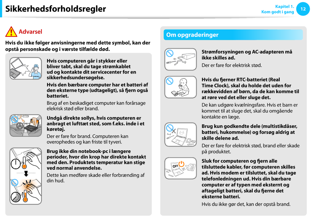 Samsung NP900X4C-K01SE, XE500T1C-A01AE manual Om opgraderinger, Dette kan medføre skade eller forbrænding af din hud 