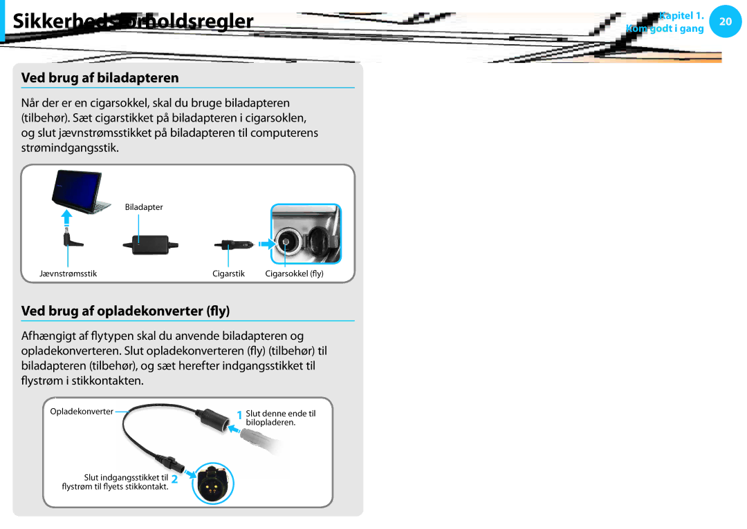 Samsung XE700T1C-G03SE, XE500T1C-A01AE, NP530U3C-A0DSE manual Ved brug af biladapteren, Ved brug af opladekonverter fly 