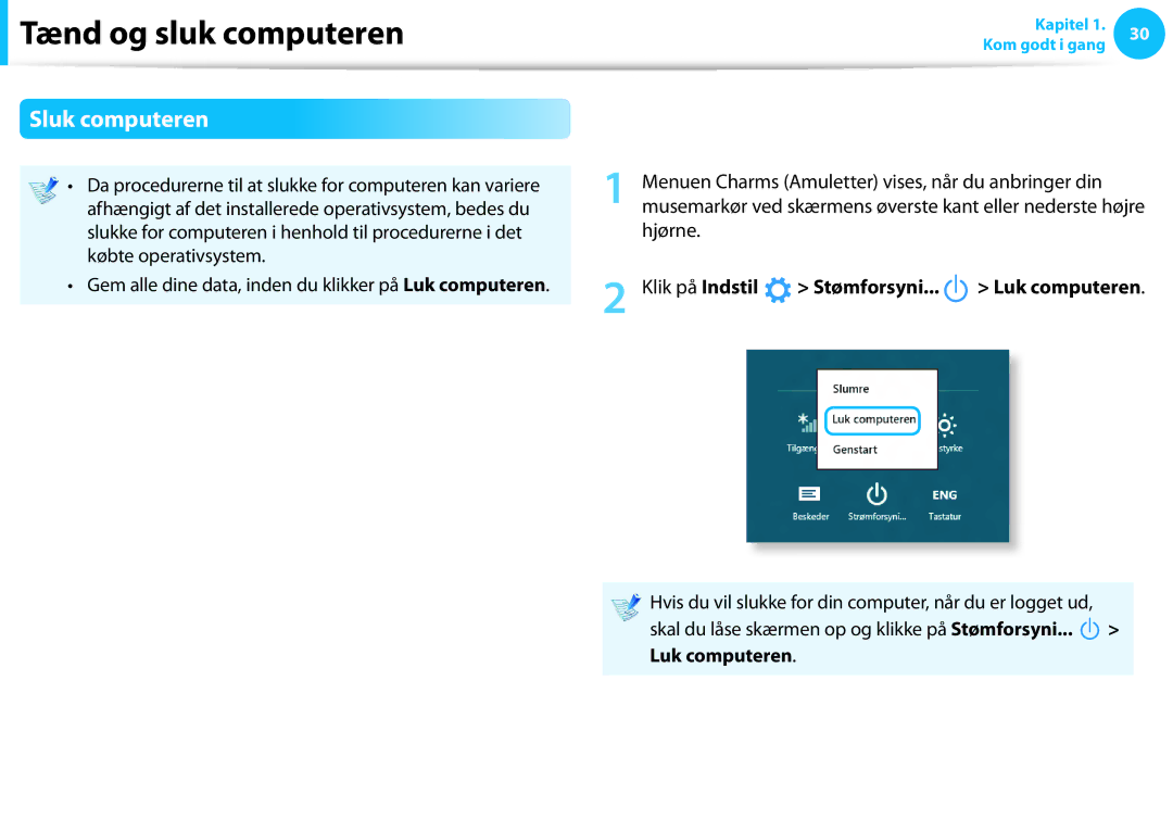 Samsung NP900X4C-A02SE, XE500T1C-A01AE, NP530U3C-A0DSE, NP530U3C-A0HSE Sluk computeren, Hjørne Klik på Indstil, Stømforsyni 