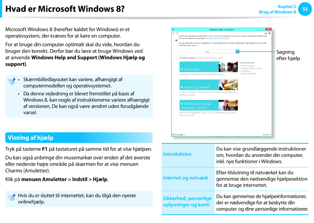 Samsung NP355E5C-S04SE, XE500T1C-A01AE Hvad er Microsoft Windows 8?, Visning af hjælp, Introduktion, Internet og netværk 