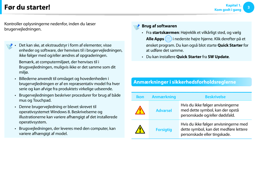 Samsung NP700Z7C-S02SE manual Før du starter, Anmærkninger i sikkerhedsforholdsreglerne, Brug af softwaren, Ikon Anmærkning 