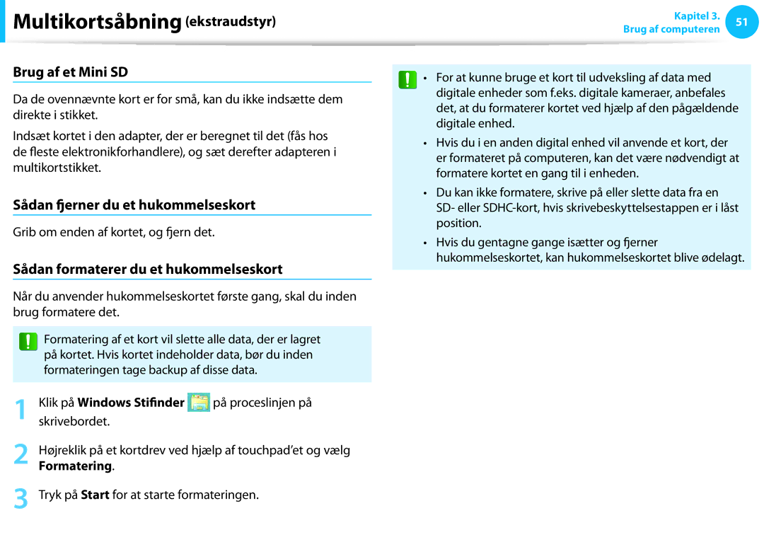 Samsung NP870Z5E-X01SE Brug af et Mini SD, Sådan fjerner du et hukommelseskort, Sådan formaterer du et hukommelseskort 