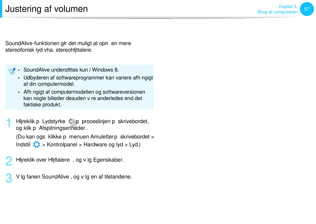 Samsung NP355E5C-S01SE, XE500T1C-A01AE manual Brug af SoundAlive ekstraudstyr, Proceslinjen på skrivebordet, Indstil 