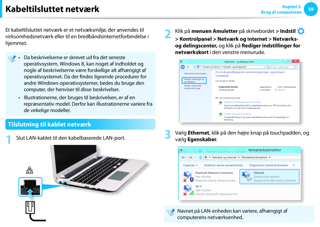 Samsung NP530U3B-A02SE, XE500T1C-A01AE, NP530U3C-A0DSE manual Kabeltilsluttet netværk, Tilslutning til kablet netværk 