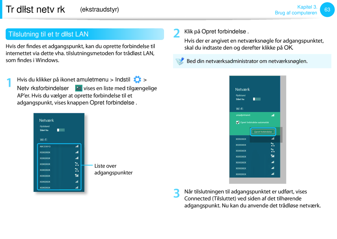 Samsung NP900X3C-A02SE, XE500T1C-A01AE manual Tilslutning til et trådløst LAN, Hvis du klikker på ikonet amuletmenu Indstil 