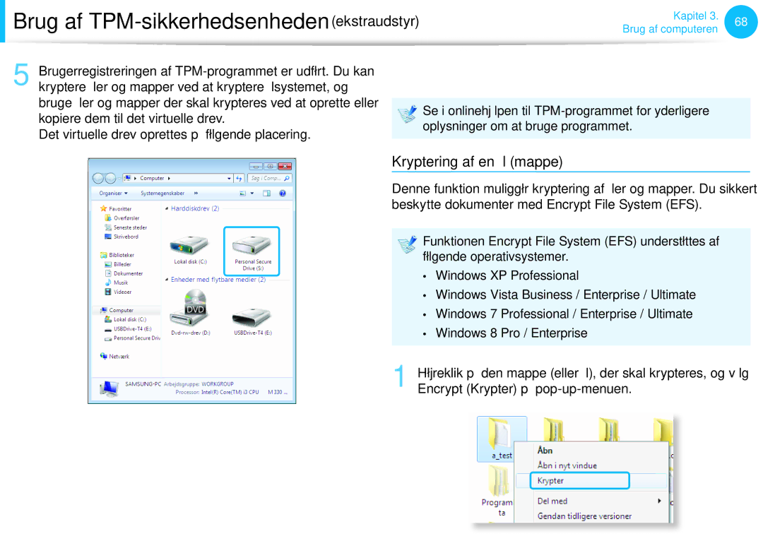 Samsung NP530U3C-A0ASE manual Brug af TPM-programmet, Kryptering af en fil mappe, Encrypt Krypter på pop-up-menuen 